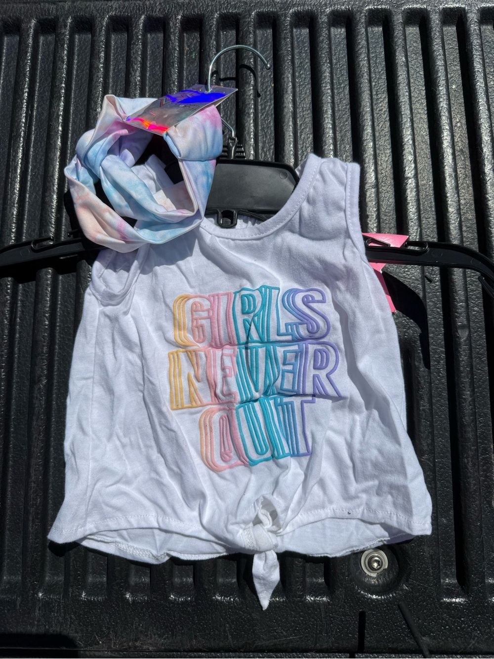 btween White Tank Top with Pastel Rainbow Lettering and Tie Front